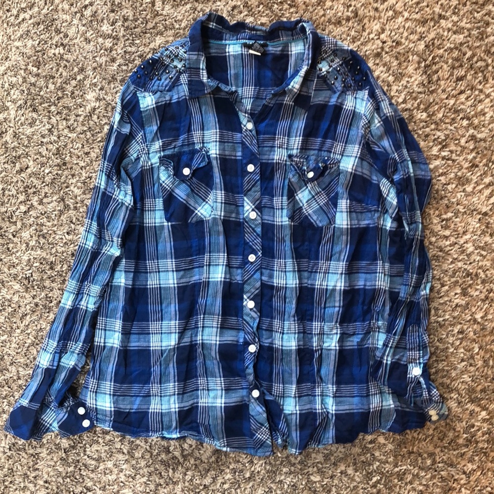 Torrid Blue Plaid Button-Up Shirt Size:2